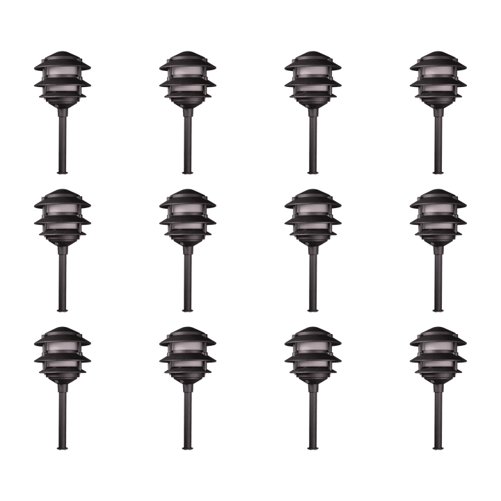 Outdoor Landscape Lighting LED 12V Low Voltage KL302 4x/8x/12x Package 12V AC/DC Aluminum Low Voltage Landscape Lighting 3 Tier Pagoda Path Light 3W 2700K Bulb Black 12 Pack