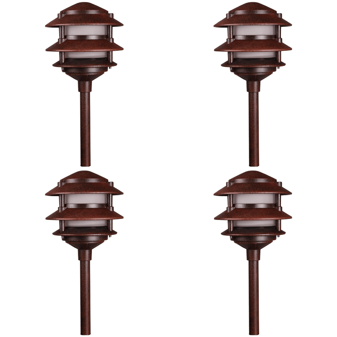 Outdoor Landscape Lighting LED 12V Low Voltage KL302 4x/8x/12x Package 12V AC/DC Aluminum Low Voltage Landscape Lighting 3 Tier Pagoda Path Light 3W 2700K Bulb Brown 4 Pack