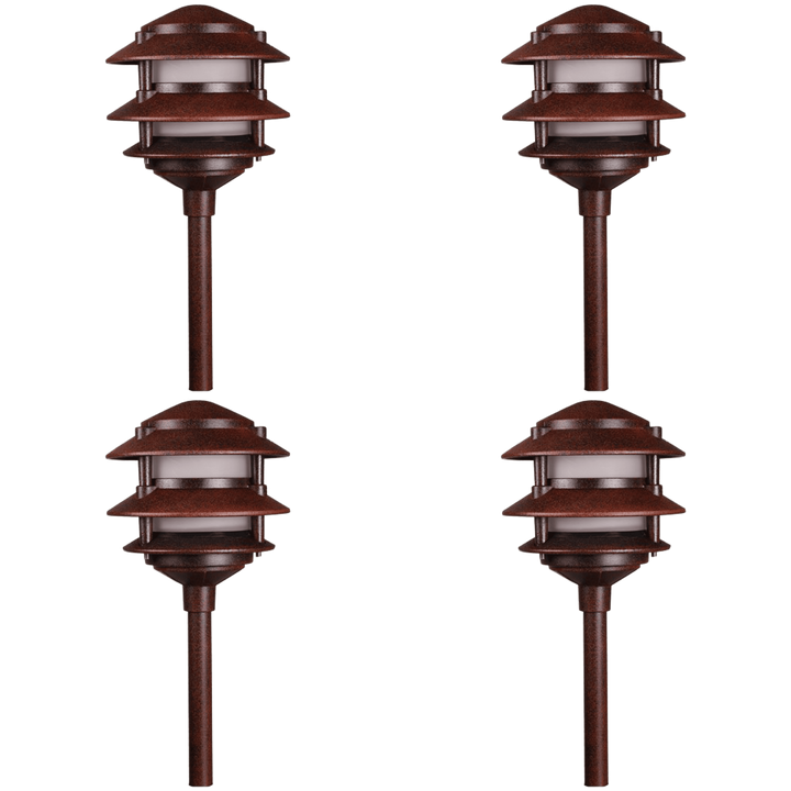 Outdoor Landscape Lighting LED 12V Low Voltage KL302 4x/8x/12x Package 12V AC/DC Aluminum Low Voltage Landscape Lighting 3 Tier Pagoda Path Light 3W 2700K Bulb Brown 4 Pack