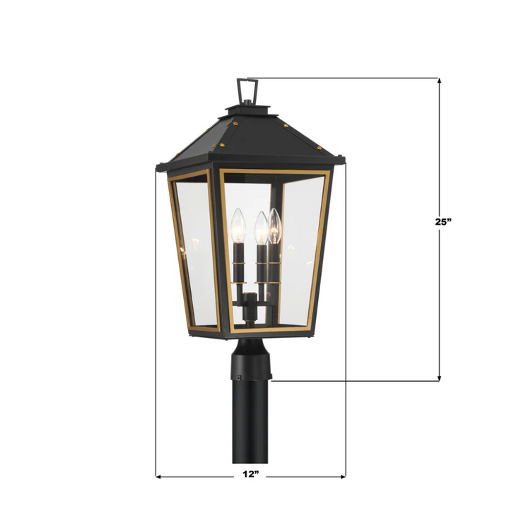 Outdoor Landscape Lighting LED 12V Low Voltage Hawkins 4 Light Outdoor Post Light 12"x25" Stainless Steel and Glass Matte Black with Textured Gold Finish 120V 4 E12 Candelabra Base LED Bulb Sockets Casual Farmhouse Lantern for Patio, Garden, Exterior Posts