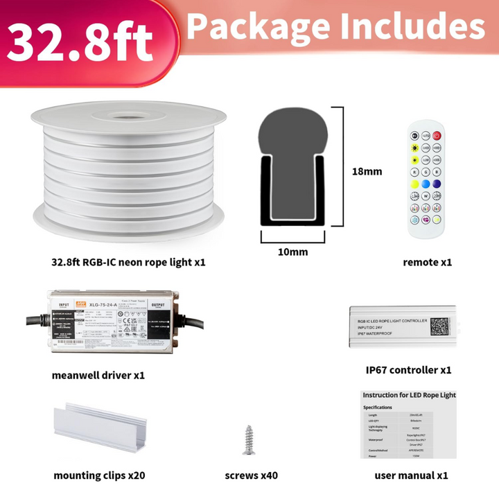Outdoor Landscape Lighting LED 12V Low Voltage SLNR14 Dotless COB RGB-IC Neon LED Strip Light DC24V IP67 Outdoor Rated Dimmable Low Voltage 10x18mm Silicone Strip Light 32.8ft/65.5ft with Mounting Clips, Screws, Power Adapter with Dimmer and Remote Control 32.8ft