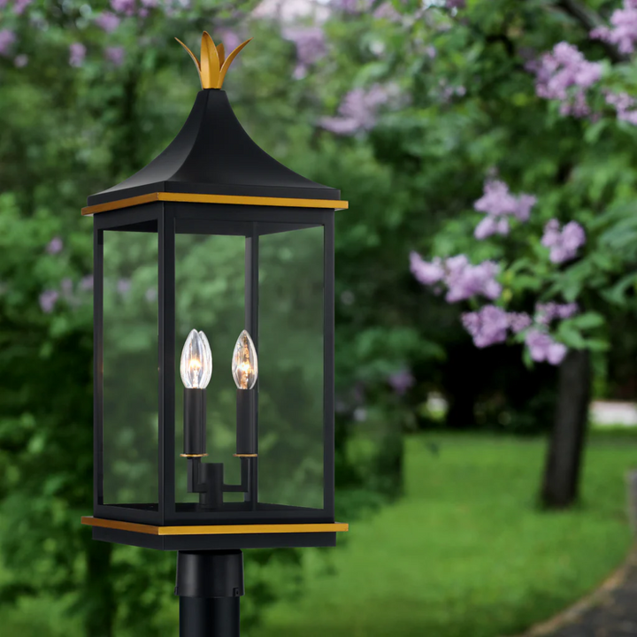 Outdoor Landscape Lighting LED 12V Low Voltage Simpson 3 Light Outdoor Post Light 10"x27.75" Stainless Steel and Glass Matte Black with Textured Gold Finish 120V 3 E12 Candelabra Base LED Bulb Sockets Casual Farmhouse Lantern for Patio, Garden, Exterior Posts
