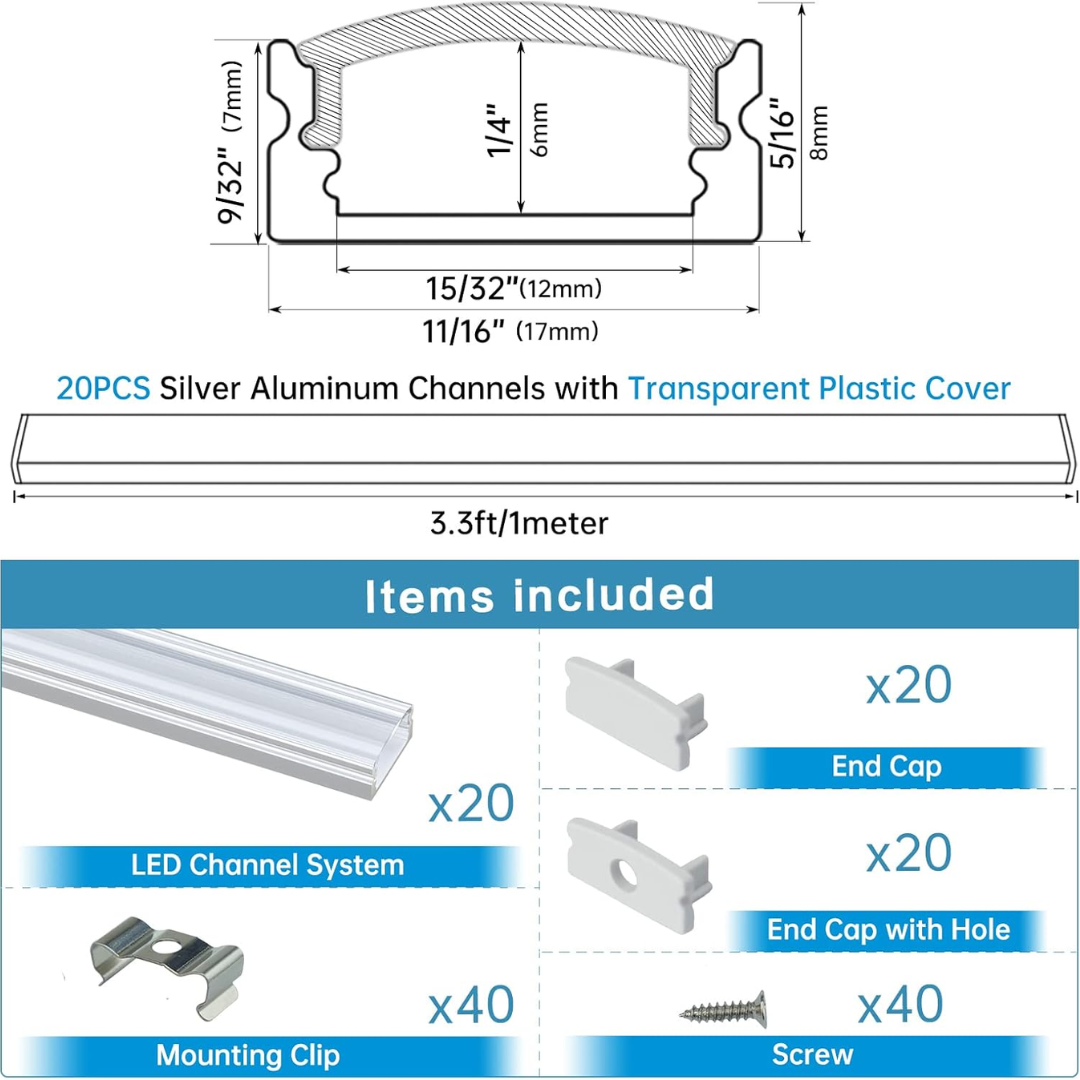 Outdoor Landscape Lighting LED 12V Low Voltage AC11 U-Shaped Rectangular Aluminum Channel with Transparent Clear Plastic Cover 3.3FT/1M or 6.6ft/2M For Max 12mm Width LED Strip Lights Pack of 6/10/20