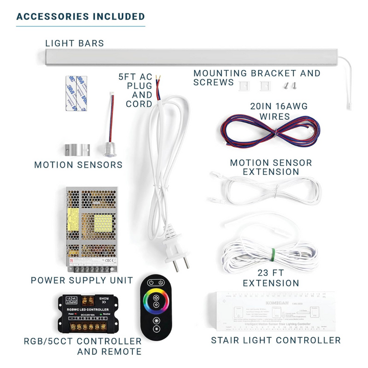 Outdoor Landscape Lighting LED 12V Low Voltage SLMS03 Intelligent LED COB Strip Light Stair Light Kit 10, 16 or 20 Stairs with Remote Control, Motion Sensor, RGB and Tunable 3000K-6000K