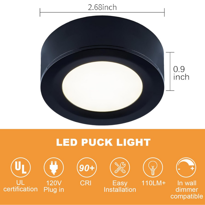Outdoor Landscape Lighting LED 12V Low Voltage CBA03 3x/5x Pack 2.7W 2.68" 3000K Dimmable Recessed and Surface Mounted Line Voltage 120V Line Voltage Hardwired LED Puck Cabinet Light Cast Aluminum Downlighting 110LM/130LM Package