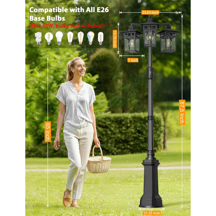 Outdoor Landscape Lighting LED 12V Low Voltage PLH04 360° Motion Sensor and Dusk-to-Dawn Classic Black Aluminum 3-Head Rectangular Post Light 87.5" Pole with Glass Panels 3 E26 Base Medium Base Socket 120V with for Garden, Exterior Lighting