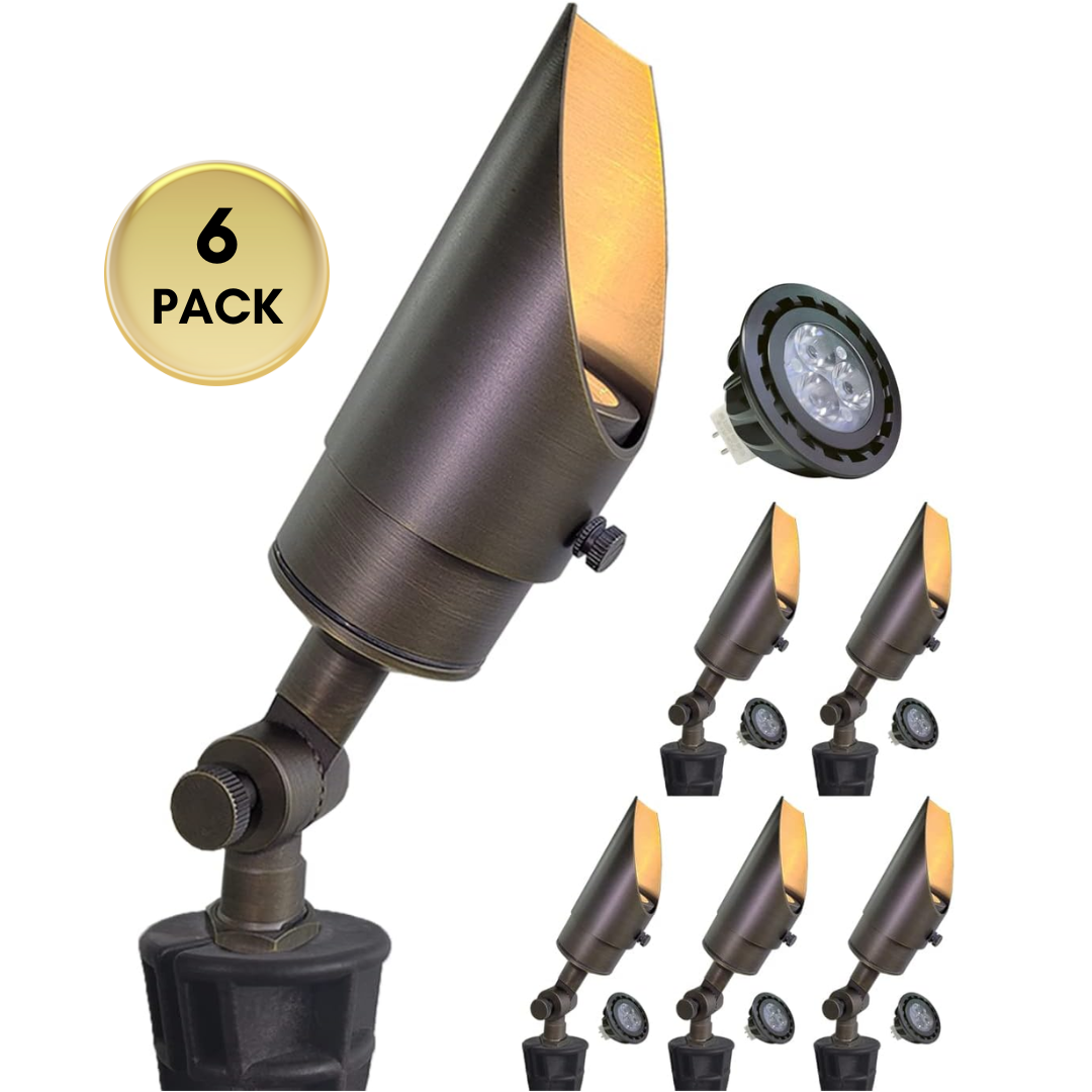 Outdoor Landscape Lighting LED 12V Low Voltage SPBA13 MR16 Brass Spotlight Package with Adjustable Shroud 12V AC/DC Low Voltage Outdoor Lighting with 5W 2700K Warm White Bulb 6 Pack with 5W 2700K MR16 Bulb