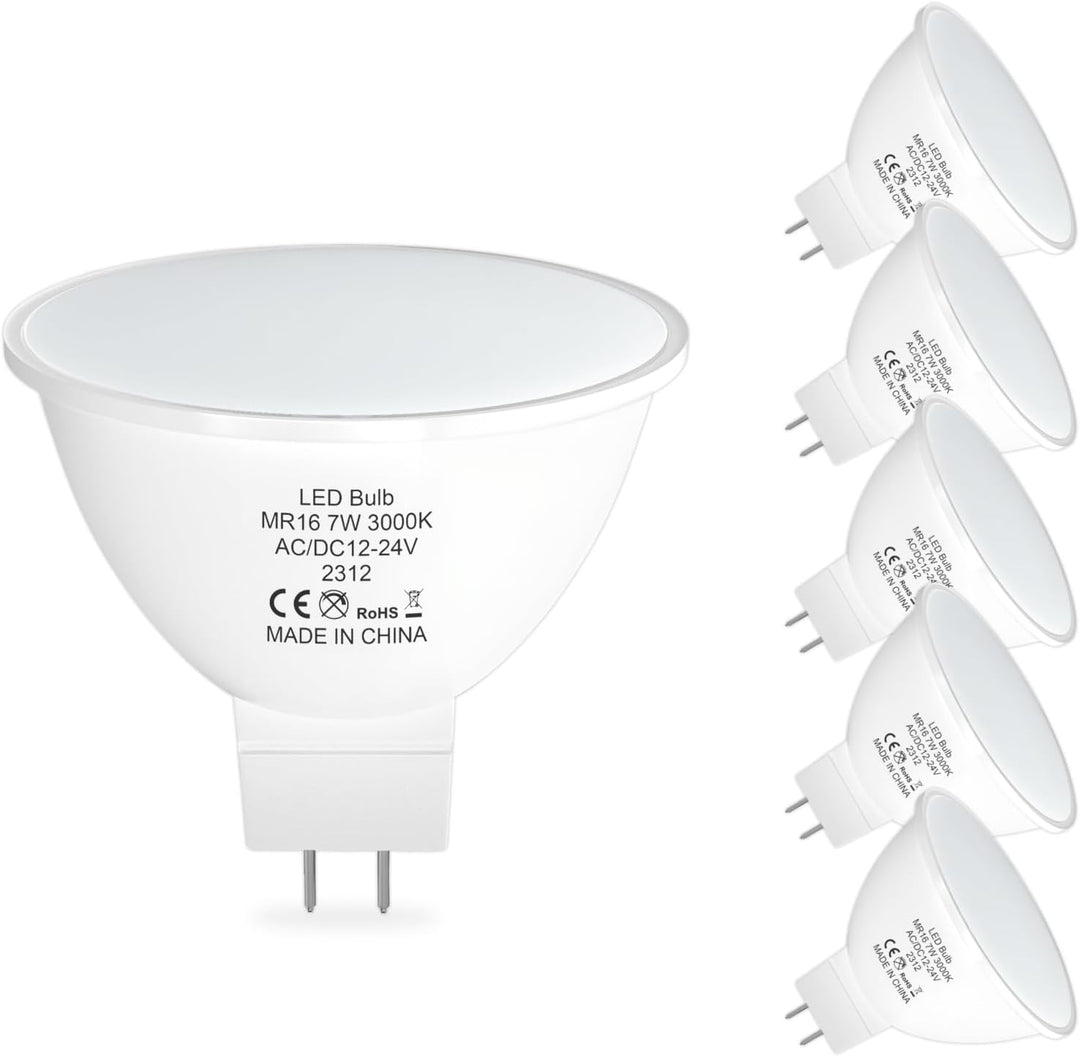 Outdoor Landscape Lighting LED 12V Low Voltage MR16 6-Pack 5W/7W 120° Flood Beam Angle Low Voltage 12V-24V LED Bulbs Package Energy Saving Waterproof Light CE & RoHS Certified 3000K Warm White 7W