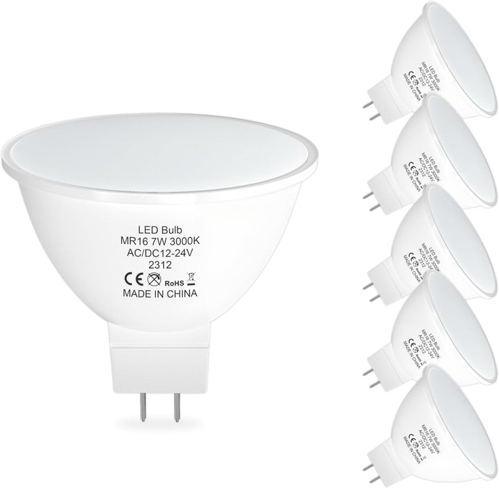 Outdoor Landscape Lighting LED 12V Low Voltage MR16 6-Pack 5W/7W 120° Flood Beam Angle Low Voltage 12V-24V LED Bulbs Package Energy Saving Waterproof Light CE & RoHS Certified 3000K Warm White 7W