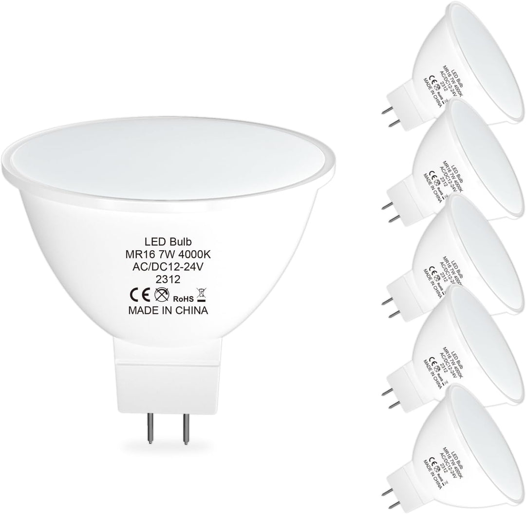 Outdoor Landscape Lighting LED 12V Low Voltage MR16 6-Pack 5W/7W 120° Flood Beam Angle Low Voltage 12V-24V LED Bulbs Package Energy Saving Waterproof Light CE & RoHS Certified 4000K Natural White 7W
