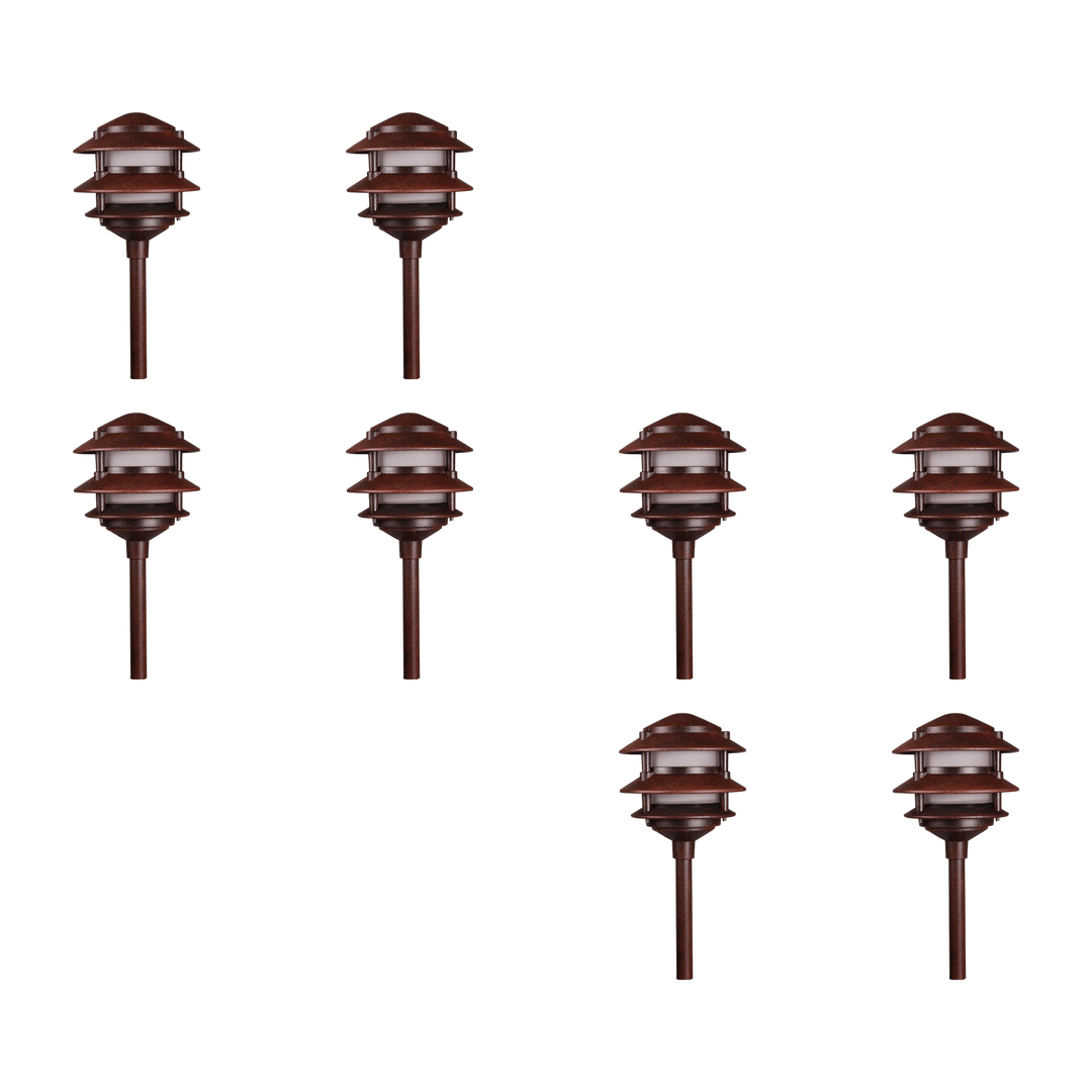 Outdoor Landscape Lighting LED 12V Low Voltage KL302 4x/8x/12x Package 12V AC/DC Aluminum Low Voltage Landscape Lighting 3 Tier Pagoda Path Light 3W 2700K Bulb Brown 8 Pack