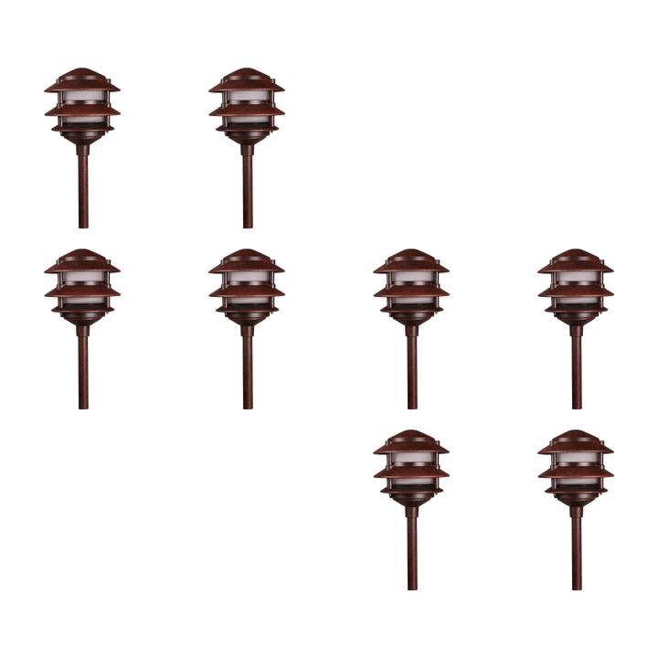 Outdoor Landscape Lighting LED 12V Low Voltage KL302 4x/8x/12x Package 12V AC/DC Aluminum Low Voltage Landscape Lighting 3 Tier Pagoda Path Light 3W 2700K Bulb Brown 8 Pack