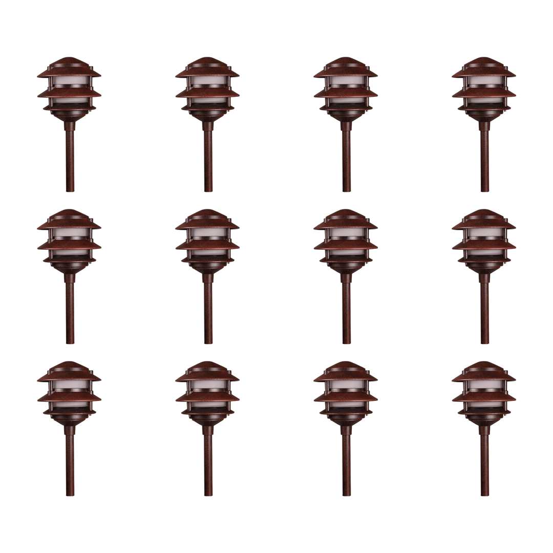 Outdoor Landscape Lighting LED 12V Low Voltage KL302 4x/8x/12x Package 12V AC/DC Aluminum Low Voltage Landscape Lighting 3 Tier Pagoda Path Light 3W 2700K Bulb Brown 12 Pack