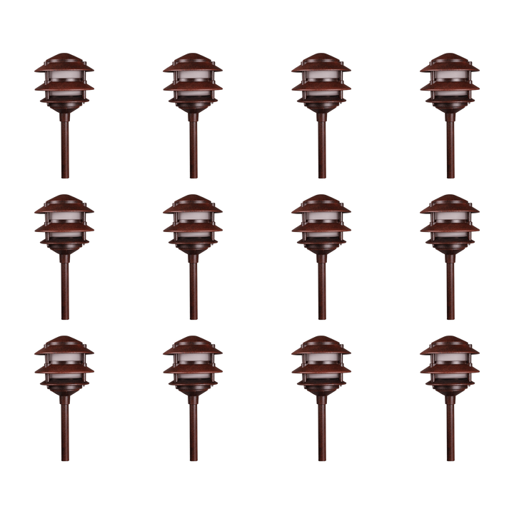 Outdoor Landscape Lighting LED 12V Low Voltage KL302 4x/8x/12x Package 12V AC/DC Aluminum Low Voltage Landscape Lighting 3 Tier Pagoda Path Light 3W 2700K Bulb Brown 12 Pack