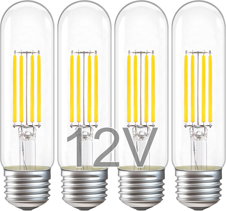 Outdoor Landscape Lighting LED 12V Low Voltage 4-Pack T10 12V AC/DC LED E26 Standard Base Light Bulbs Energy Saving Light Bulb for RV, Landscape and Post Lighting Package