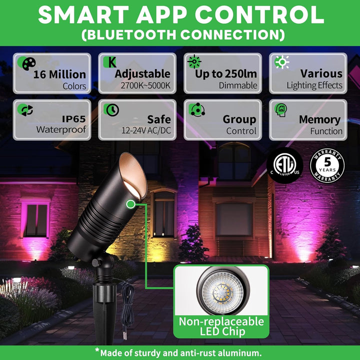 Outdoor Landscape Lighting LED 12V Low Voltage ALSR04 RGB+2700K-5000K LED Landscape Spotlights Package, 5W Low Voltage 12V Cast Aluminum Directional Outdoor Landscape Lighting IP65 Waterproof