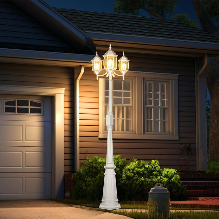 Outdoor Landscape Lighting LED 12V Low Voltage PLH01 Classic Black or White Aluminum 3-Head Post Light 95" Pole with Glass Panels 3 6W 2700K E26 Base Medium Base Included 120V with Photocell Sensor Sockets for Garden, Exterior Lighting