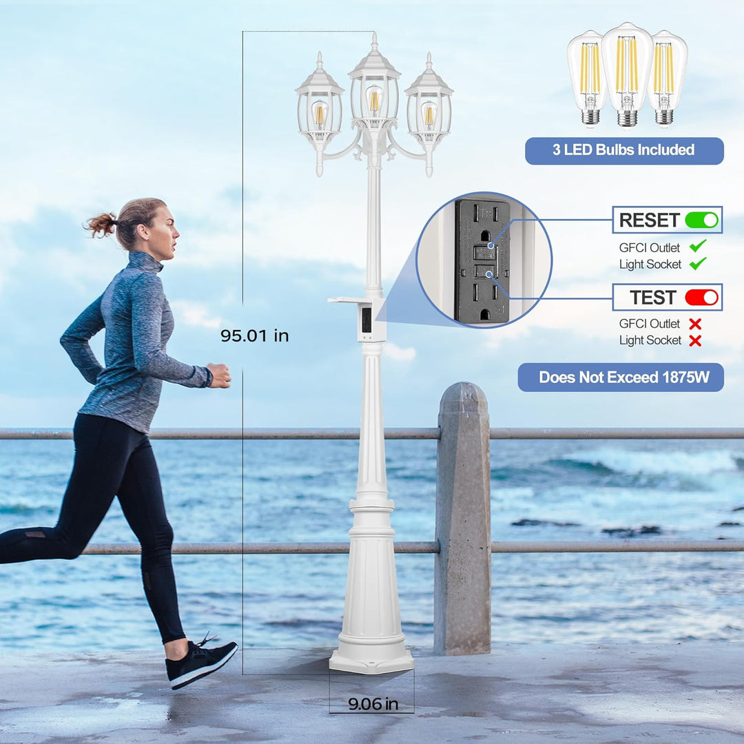 Outdoor Landscape Lighting LED 12V Low Voltage PLH01 Classic Black or White Aluminum 3-Head Post Light 95" Pole with Glass Panels 3 6W 2700K E26 Base Medium Base Included 120V with Photocell Sensor Sockets for Garden, Exterior Lighting