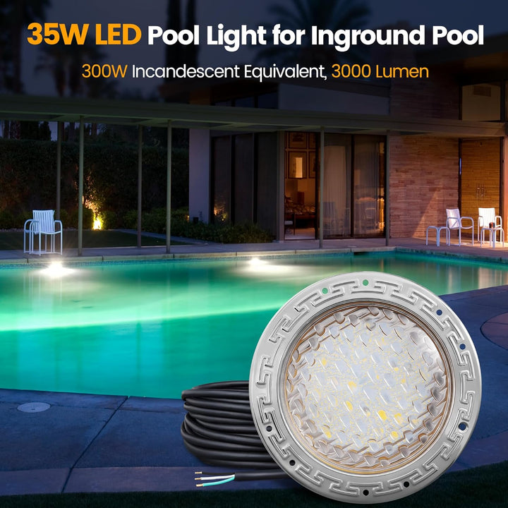 Outdoor Landscape Lighting LED 12V Low Voltage PL35 12V AC LED Stainless Steel Pool Light Jacuzzi Spa 6500K Cool White 3000LM Low Voltage Pool Light