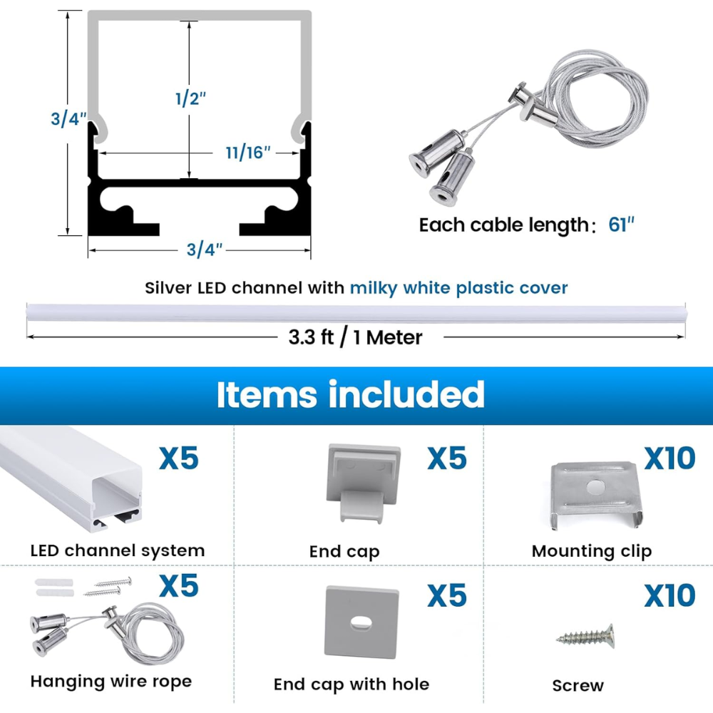 Outdoor Landscape Lighting LED 12V Low Voltage AC15 Spotless Aluminum Channel with Hanging Wire 3.3FT/1M For Max 17mm Width LED Strip Lights Pack of 5 and 10