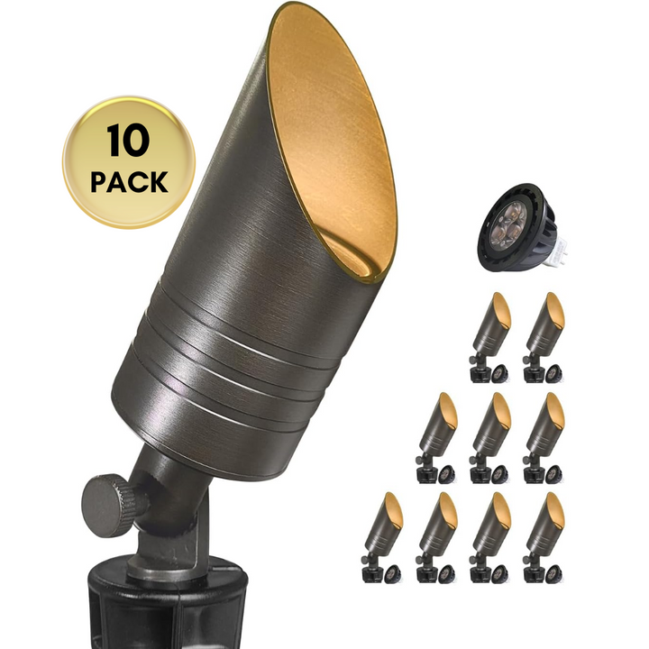 Outdoor Landscape Lighting LED 12V Low Voltage SPBA17 MR16 Brass Spotlight Package 12V AC/DC Low Voltage Outdoor Lighting with 5W 2700K Warm White Bulb 10 Pack with 5W 2700K MR16 Bulb