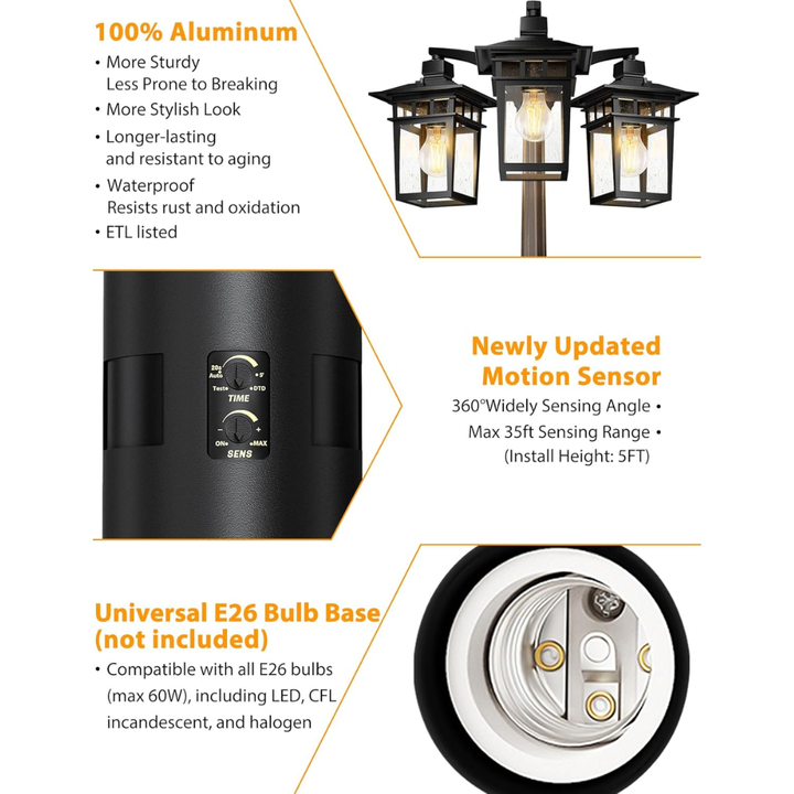 Outdoor Landscape Lighting LED 12V Low Voltage PLH04 360° Motion Sensor and Dusk-to-Dawn Classic Black Aluminum 3-Head Rectangular Post Light 87.5" Pole with Glass Panels 3 E26 Base Medium Base Socket 120V with for Garden, Exterior Lighting