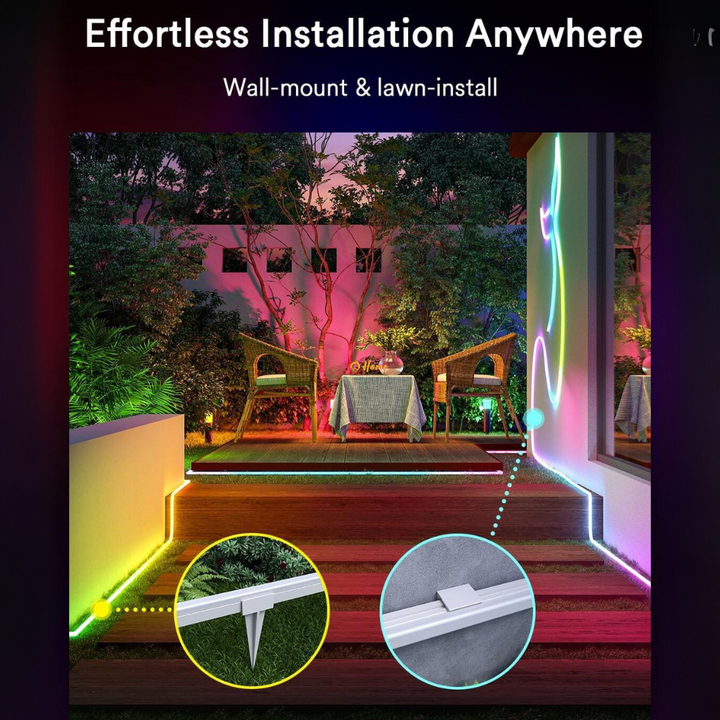 Outdoor Landscape Lighting LED 12V Low Voltage SLNR06 Dotless COB Smart Wi-Fi RGBAICW Neon LED Strip Light DC24V IP65 Outdoor Rated Dimmable Low Voltage Silicone Strip Light with Mounting Clips, Screws, Power Adapter and Remote Control