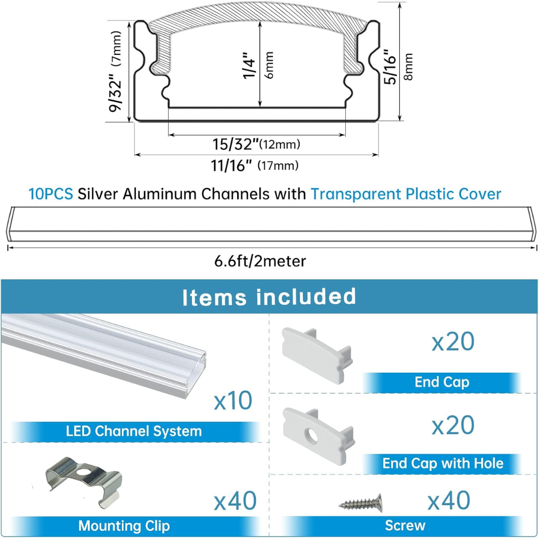 Outdoor Landscape Lighting LED 12V Low Voltage AC11 U-Shaped Rectangular Aluminum Channel with Transparent Clear Plastic Cover 3.3FT/1M or 6.6ft/2M For Max 12mm Width LED Strip Lights Pack of 6/10/20