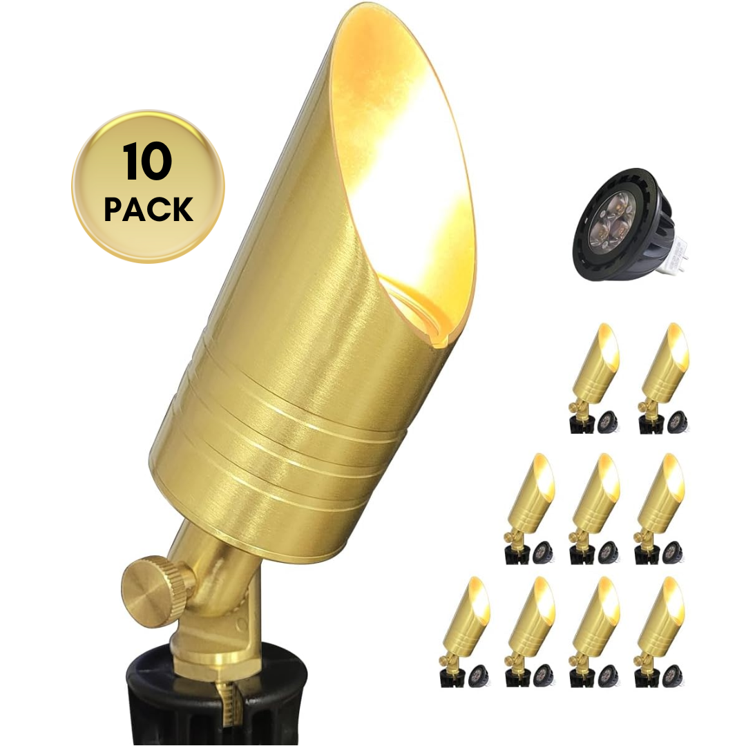 Outdoor Landscape Lighting LED 12V Low Voltage SPBA18 MR16 Golden Brass Spotlight Package 12V AC/DC Low Voltage Outdoor Lighting with 5W 2700K Warm White Bulb 10 Pack with 5W 2700K MR16 Bulb