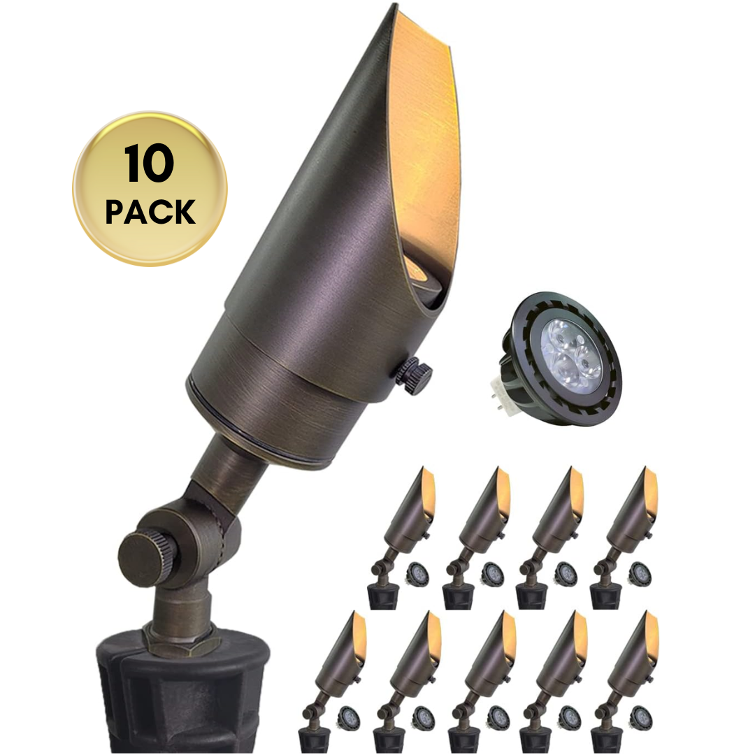 Outdoor Landscape Lighting LED 12V Low Voltage SPBA13 MR16 Brass Spotlight Package with Adjustable Shroud 12V AC/DC Low Voltage Outdoor Lighting with 5W 2700K Warm White Bulb 10 Pack with 5W 2700K MR16 Bulb