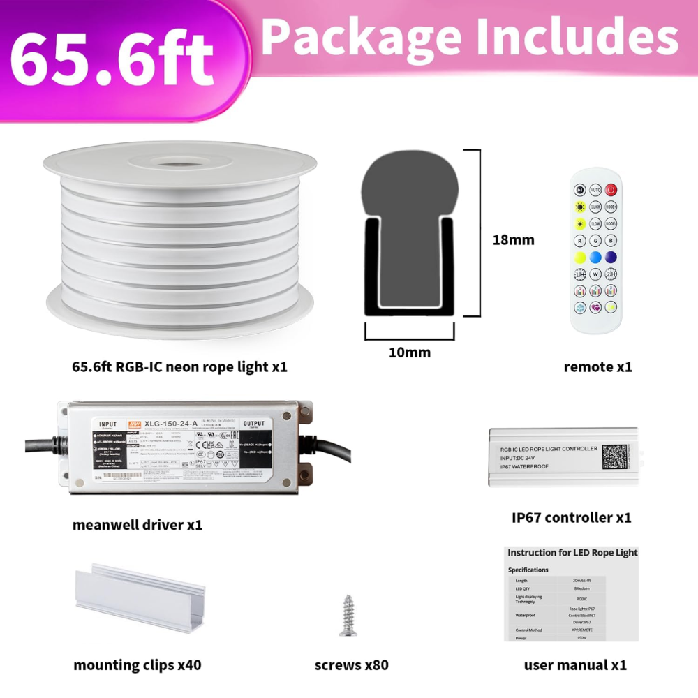 Outdoor Landscape Lighting LED 12V Low Voltage SLNR14 Dotless COB RGB-IC Neon LED Strip Light DC24V IP67 Outdoor Rated Dimmable Low Voltage 10x18mm Silicone Strip Light 32.8ft/65.5ft with Mounting Clips, Screws, Power Adapter with Dimmer and Remote Control 65.5ft