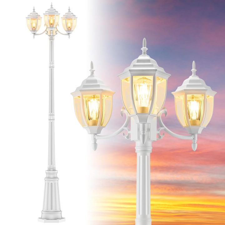 Outdoor Landscape Lighting LED 12V Low Voltage PLH02 Classic Black or White Aluminum 3-Head Post Light 92.5" Pole with Glass Panels 3 E26 Base Medium Base Socket 120V with for Garden, Exterior Lighting