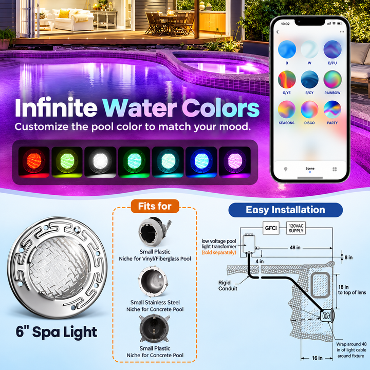 Outdoor Landscape Lighting LED 12V Low Voltage PL35 12V AC Smart LED Stainless Steel Pool Light Jacuzzi Spa RGB Color Changing Low Voltage Light, Works with Alexa, Google Assistant via Smart Life App