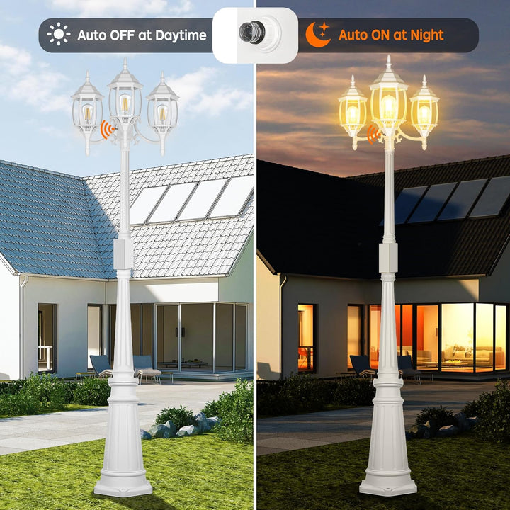 Outdoor Landscape Lighting LED 12V Low Voltage PLH01 Classic Black or White Aluminum 3-Head Post Light 95" Pole with Glass Panels 3 6W 2700K E26 Base Medium Base Included 120V with Photocell Sensor Sockets for Garden, Exterior Lighting