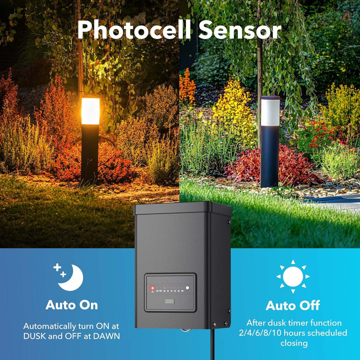 Outdoor Landscape Lighting LED 12V Low Voltage TSPA 60/120/200/300W DC12V Outputs, Low Voltage Outdoor Plastic Transformer with Photocell and Countdown Timer