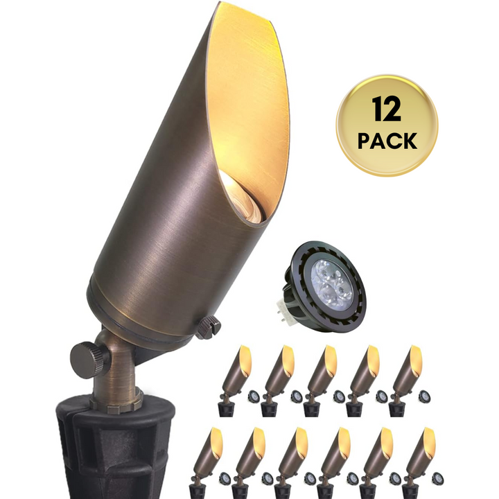 Outdoor Landscape Lighting LED 12V Low Voltage SPBA14 MR16 Brass Spotlight Package with Adjustable Shroud 12V AC/DC Low Voltage Outdoor Lighting with 5W 2700K Warm White Bulb 12 Pack with 5W 2700K MR16 Bulb