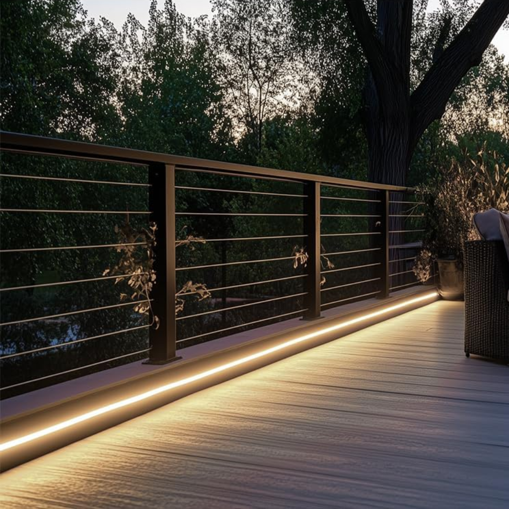 Outdoor Landscape Lighting LED 12V Low Voltage SLN14 Dotless Neon LED Strip Light 120V 3W/ft 120LEDs/M Free Bend IP65 Outdoor Rated High Voltage Soft Silicone Strip Light with Aluminum Clamps, Screws, End Cap and Power Cable