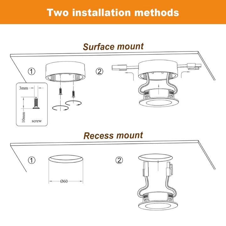 Outdoor Landscape Lighting LED 12V Low Voltage CBA03 3x/5x Pack 2.7W 2.68" 3000K Dimmable Recessed and Surface Mounted Line Voltage 120V Line Voltage Hardwired LED Puck Cabinet Light Cast Aluminum Downlighting 110LM/130LM Package