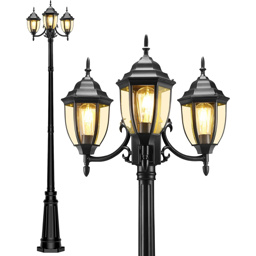 Outdoor Landscape Lighting LED 12V Low Voltage PLH02 Classic Black or White Aluminum 3-Head Post Light 92.5" Pole with Glass Panels 3 E26 Base Medium Base Socket 120V with for Garden, Exterior Lighting Black