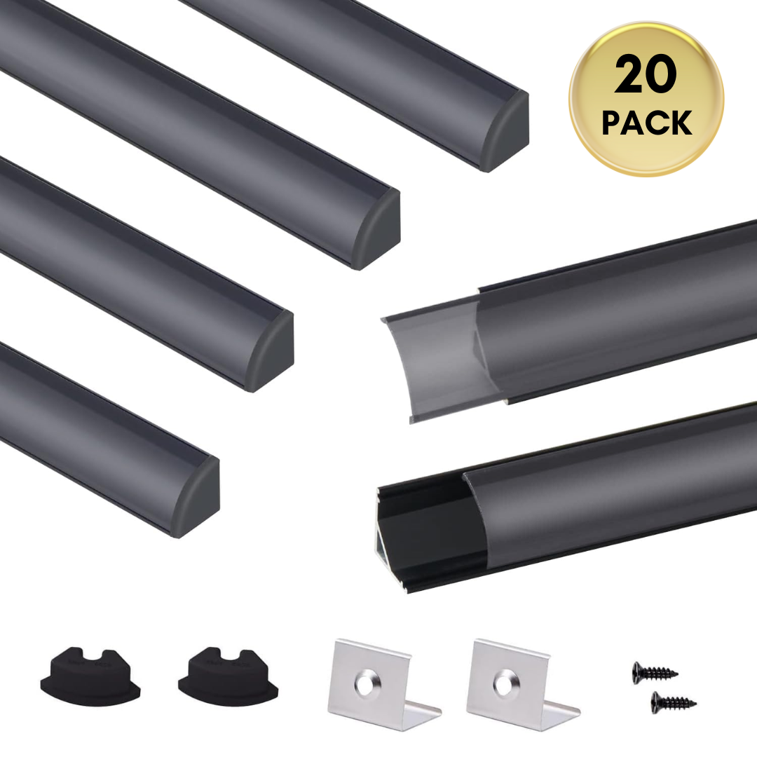 Outdoor Landscape Lighting LED 12V Low Voltage AC08 V-Shaped Corner Aluminum Channel 3.3FT/1M For Max 10mm Width LED Strip Lights Pack of 6/10/20 20 Pack of 3.3ft (1M) Black and Dark Cover
