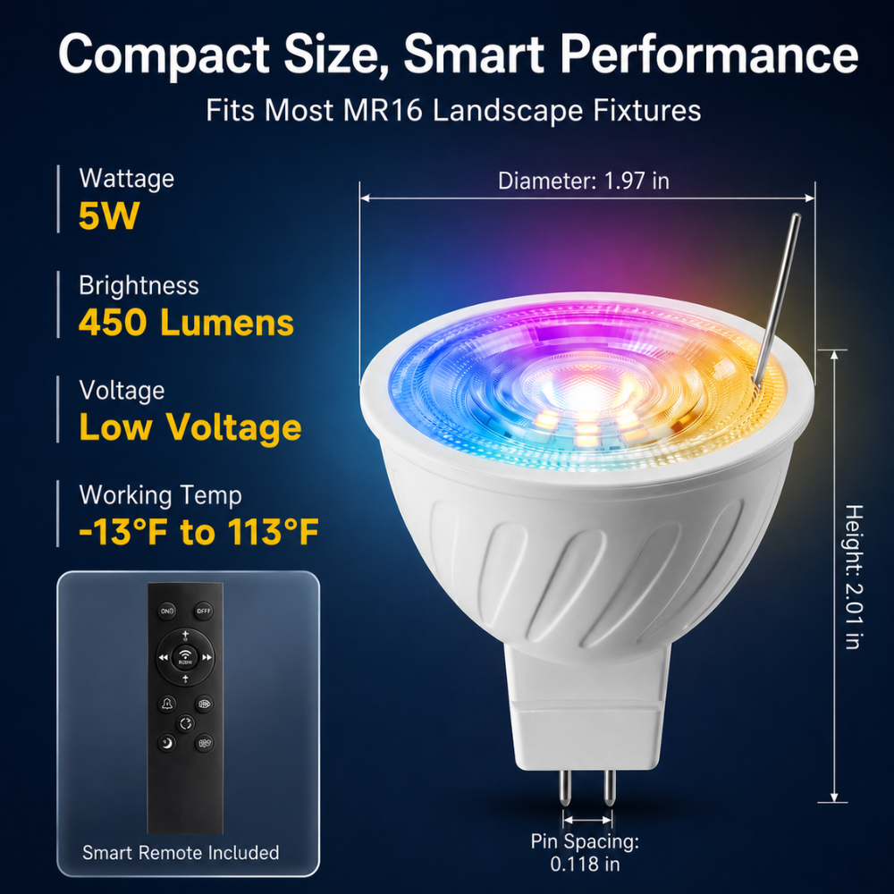 Outdoor Landscape Lighting LED 12V Low Voltage MR16 RGBCW 2700K-5000K Smart Bluetooth 5W 12V Low Voltage LED Bulbs 45° Dimmable Energy Saving Waterproof Light with Antenna and Remote Control