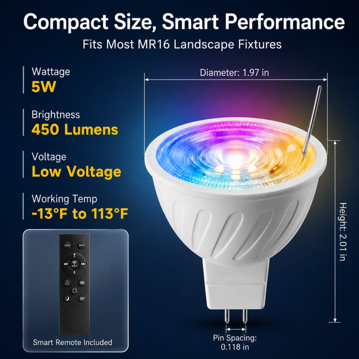 Outdoor Landscape Lighting LED 12V Low Voltage MR16 RGBCW 2700K-5000K Smart Bluetooth 5W 12V Low Voltage LED Bulbs 45° Dimmable Energy Saving Waterproof Light with Antenna and Remote Control