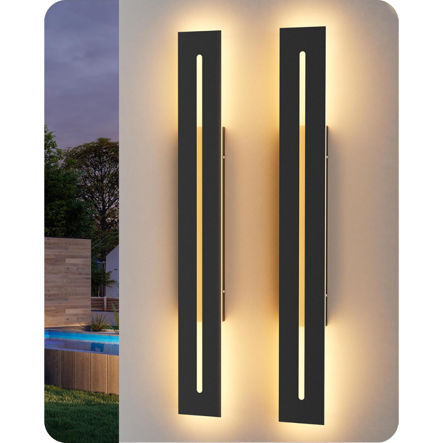 Outdoor Landscape Lighting LED 12V Low Voltage SCH01 2-Pack LED Long Linear Modern Outdoor Wall Sconce Light 1600LM Dimmable 3CCT 3000K/4000K/5000K Iron and Acrylic Integrated LED 28W Line Voltage 120V AC IP65 Waterproof Package for Front Door, Porch, Patio, Garage