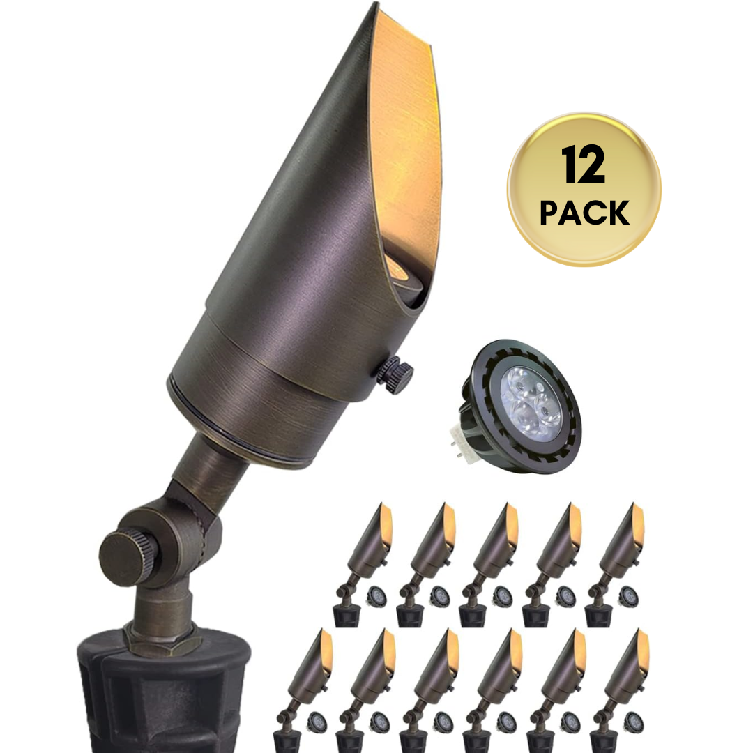 Outdoor Landscape Lighting LED 12V Low Voltage SPBA13 MR16 Brass Spotlight Package with Adjustable Shroud 12V AC/DC Low Voltage Outdoor Lighting with 5W 2700K Warm White Bulb 12 Pack with 5W 2700K MR16 Bulb