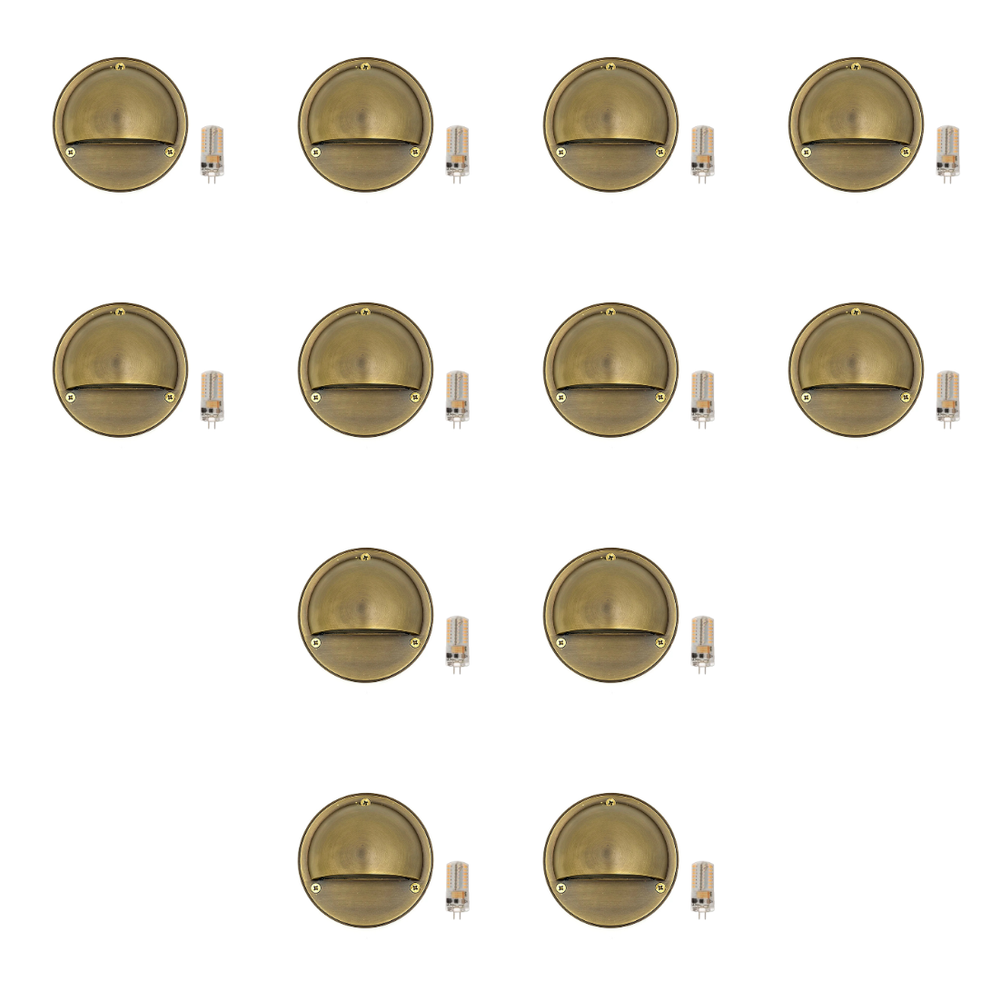 Outdoor Landscape Lighting LED 12V Low Voltage STBP06 Rein Cast Brass Round Half Moon 4x/8x/12x G4 2W Dimmable 2700K Package Step Deck Light Low Voltage Outdoor Landscape Lighting 12 Pack Antique Brass