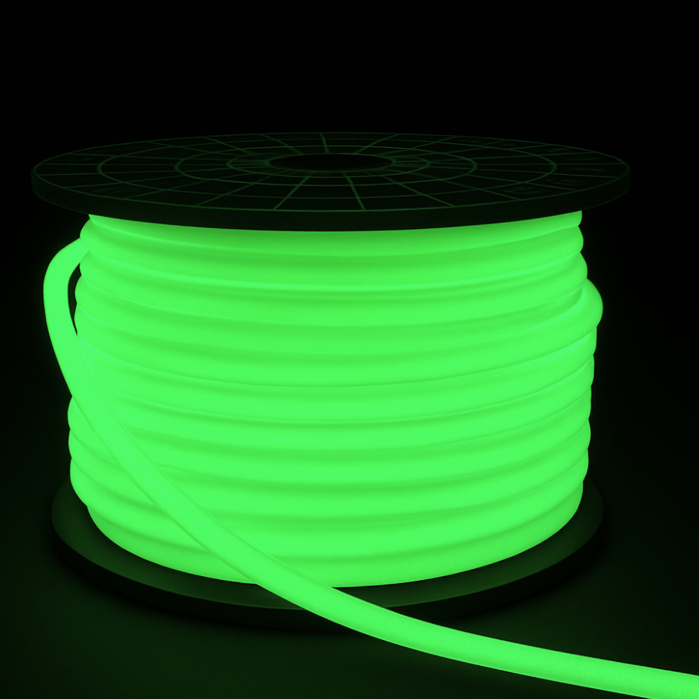 Outdoor Landscape Lighting LED 12V Low Voltage SLN11 Dotless Neon LED Strip Light 360° 120V 4W/ft IP67 Outdoor Rated Dimmable High Voltage Slim 16x16mm Silicone Strip Light with Holder, IR Remote, and Adapter with Power Supply Green