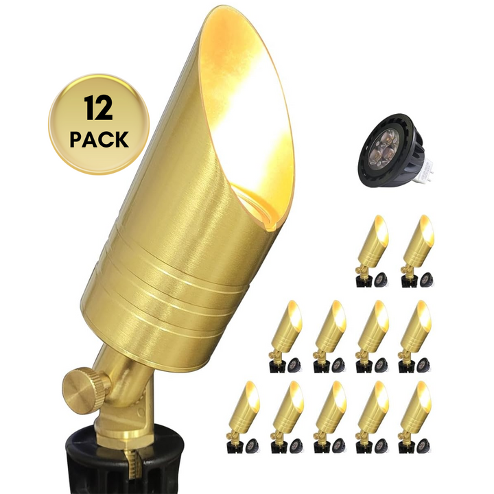 Outdoor Landscape Lighting LED 12V Low Voltage SPBA18 MR16 Golden Brass Spotlight Package 12V AC/DC Low Voltage Outdoor Lighting with 5W 2700K Warm White Bulb 12 Pack with 5W 2700K MR16 Bulb