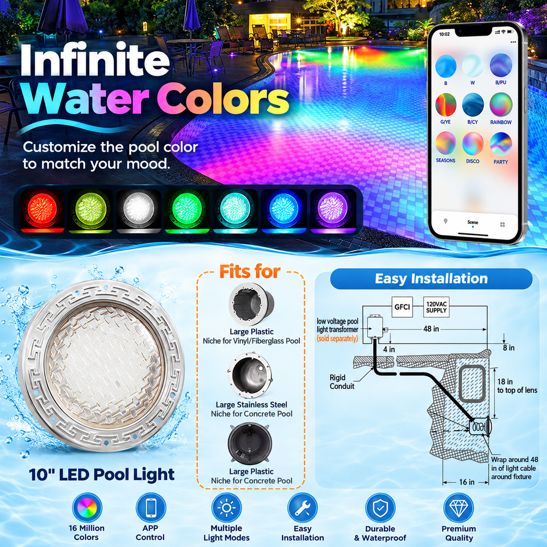 Outdoor Landscape Lighting LED 12V Low Voltage PL35 12V AC Smart LED Stainless Steel Pool Light Jacuzzi Spa RGB Color Changing Low Voltage Light, Works with Alexa, Google Assistant via Smart Life App