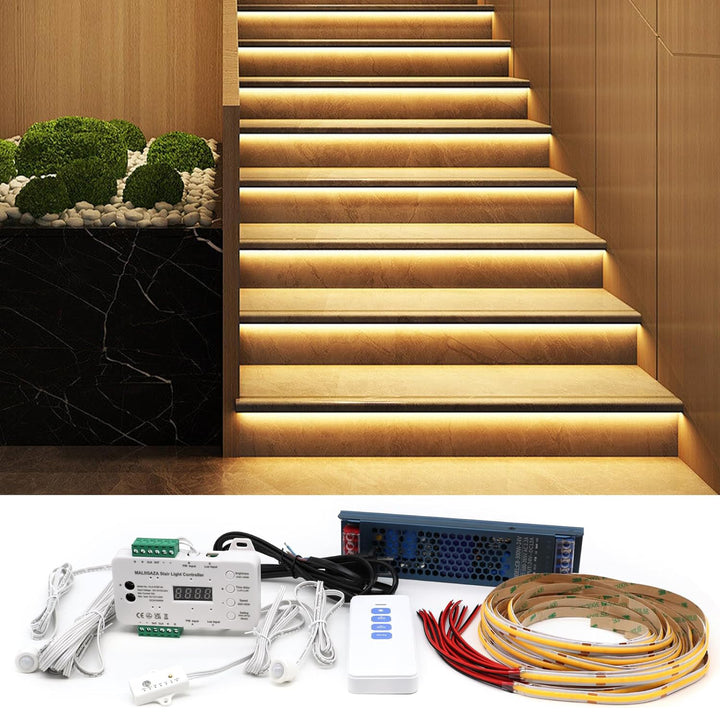 Outdoor Landscape Lighting LED 12V Low Voltage SLMS01 Intelligent Motion Sensor LED COB Strip Light Stair Light Kit 16 or 20 Stairs, Step by Step Control with Remote PIR & Light Sensor Control 3000K Warm White
