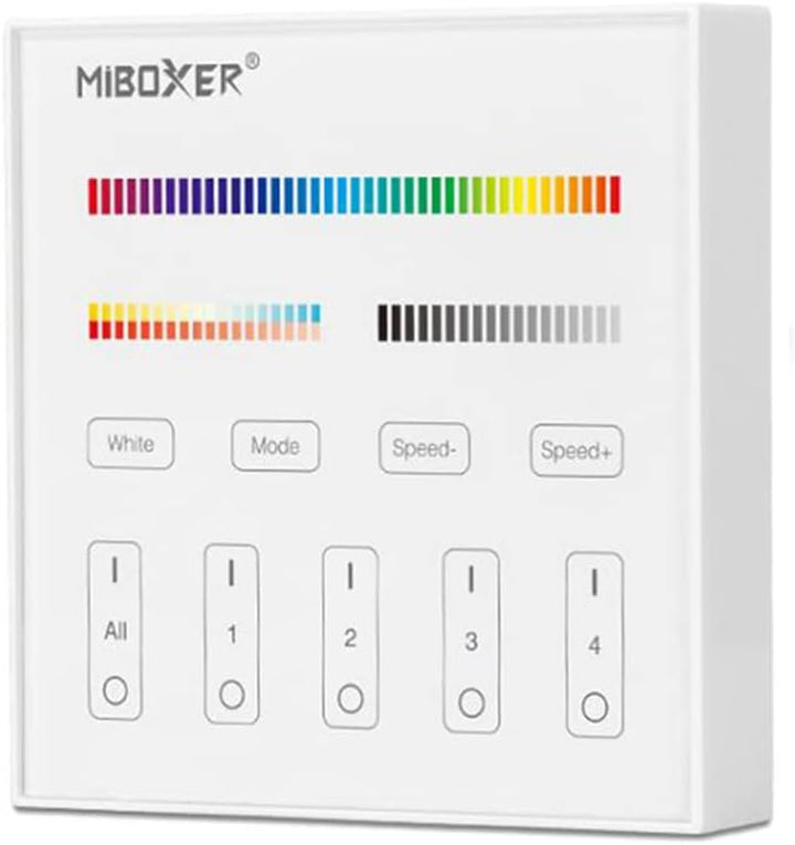 Outdoor Landscape Lighting LED 12V Low Voltage MiBoxer RGB/RGBW Wall Mounted Smart Panel Wireless Remote 4 Zones 2.4G RF Compatible with Miboxer WL5, FUT039, FUT045, FUT039W, FUT039S, LS2 Controllers RGBCCT B4 Panel Remote